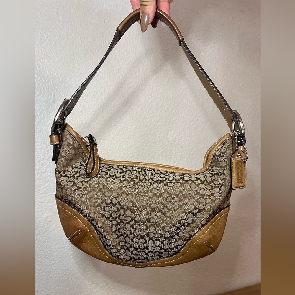 Coach signature tan brown canvas leather buckle hobo bag